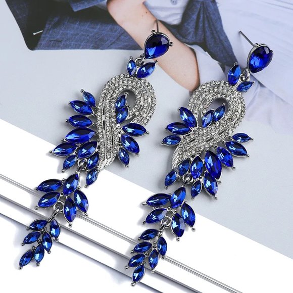 Prom Pageant Bridal Jewelry - Blue Crystal Chandelier Formal Earrings